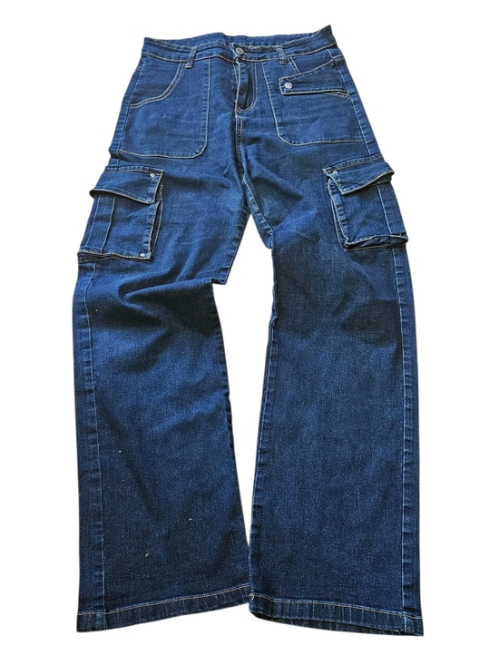 Denim - Y2K Wide Leg Denim Cargo Jeans Blue Utility Multi-Pocket Mid High Rise Size M/L